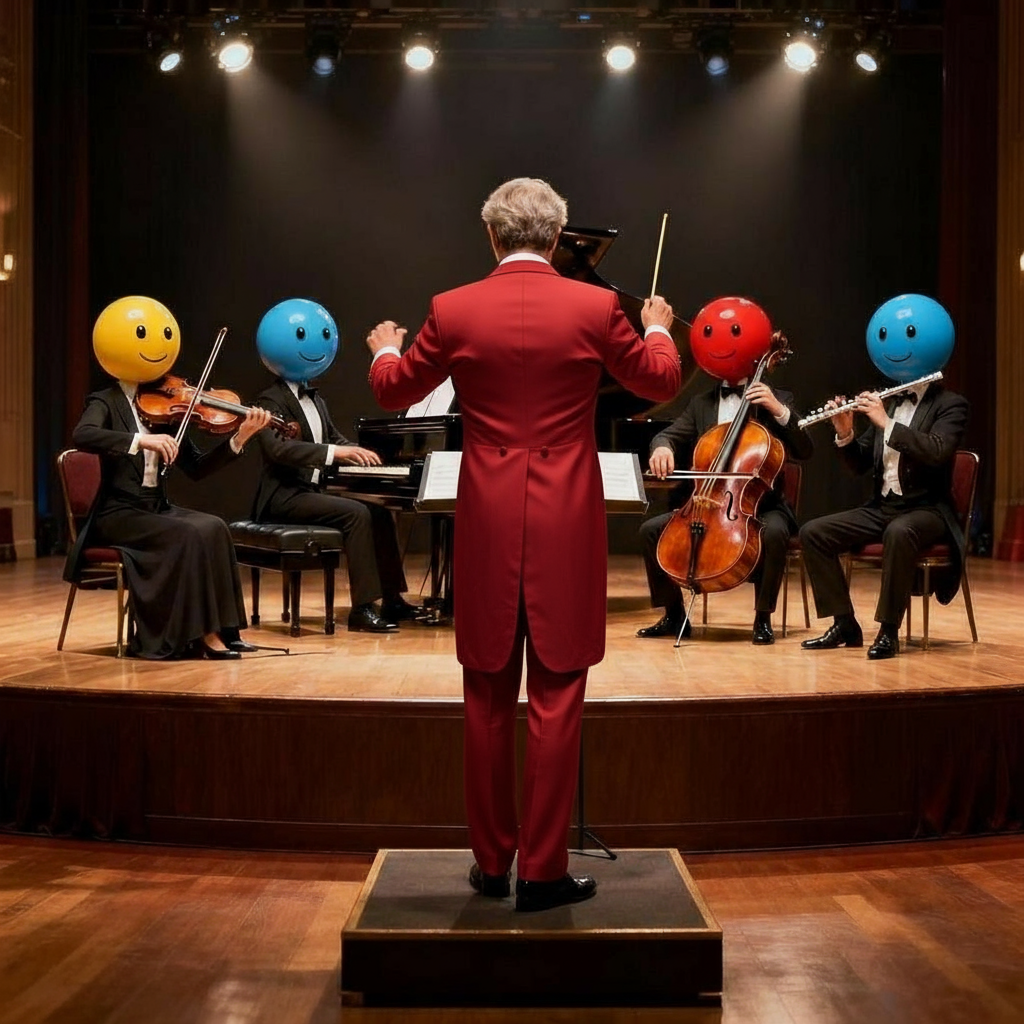 Glückshormone Orchester mit Musikern symbolisieren Oxytocin, Dopamin, Endorphin und Serotonin bei Eventkommunikation, dirigiert von Experten.
