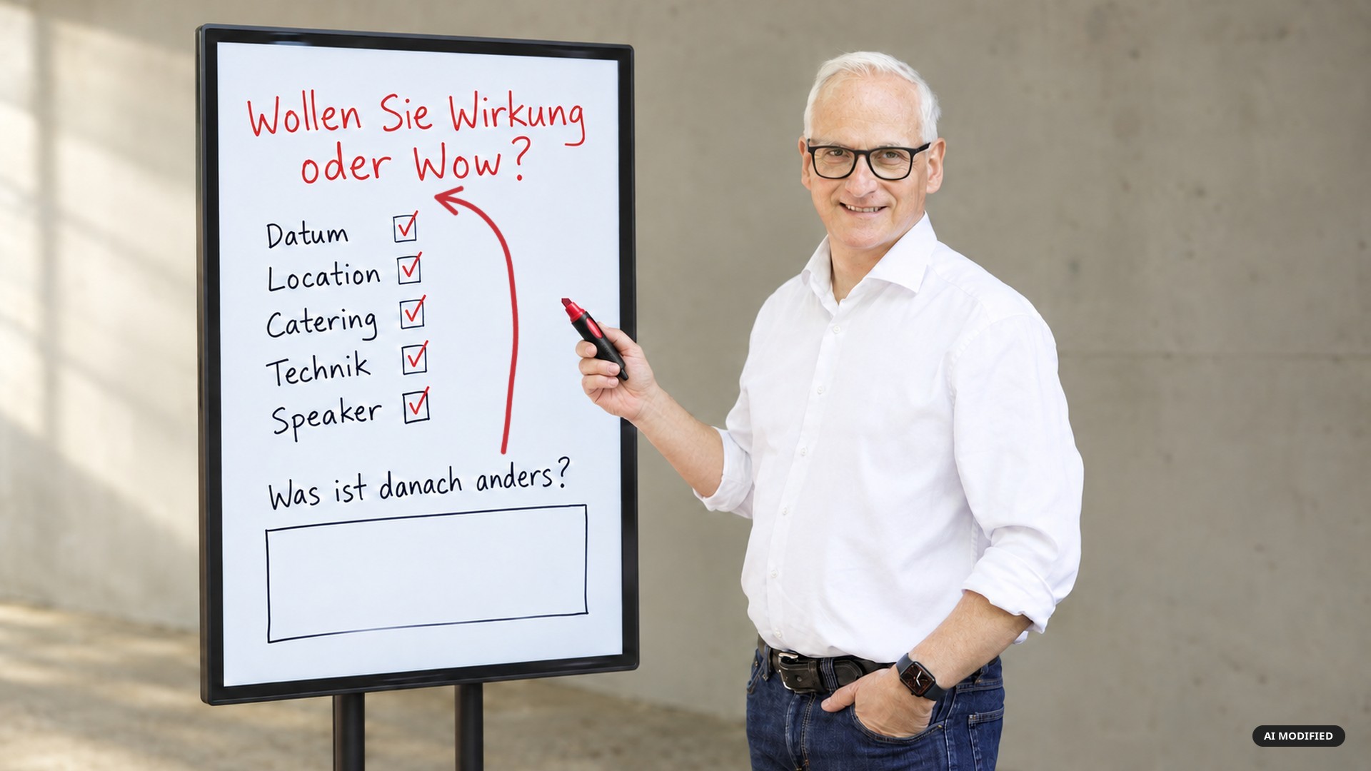 Briefing-Bogen mit ausgefüllten Feldern für Location, Catering und Speaker, das Feld ‚Was ist danach anders?‘ bleibt leer. Ein Auftrag bringt Wirkung für die Führungskraft.